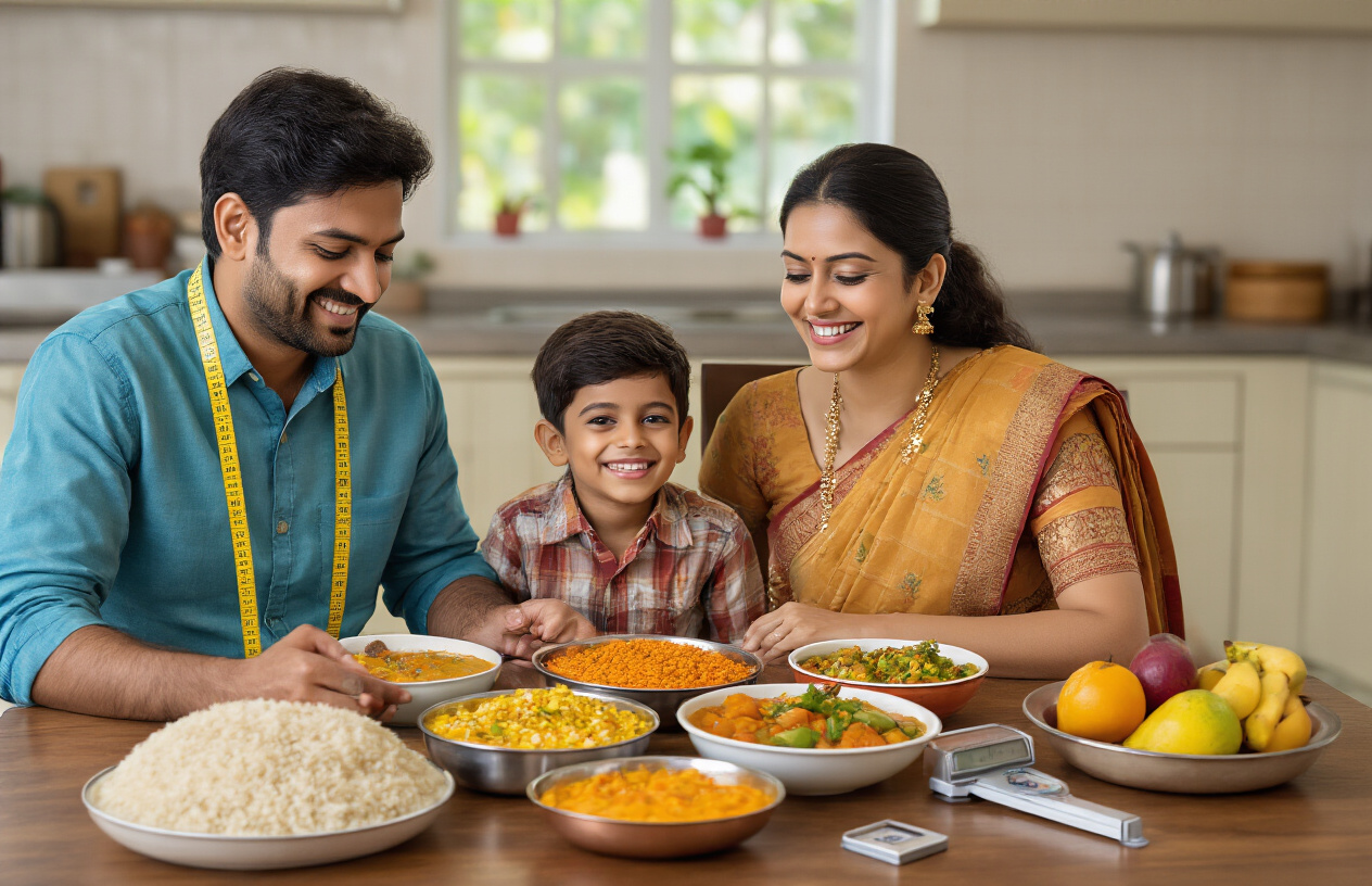 Create a realistic image of a satisfied Indian family (man, woman, and child) sitting at a dining table with a spread of colorful, healthy Indian foods including lentils, vegetables, brown rice, and fruits, with measuring tape and weight scale subtly placed on the side, suggesting successful weight management through traditional Indian diet.
