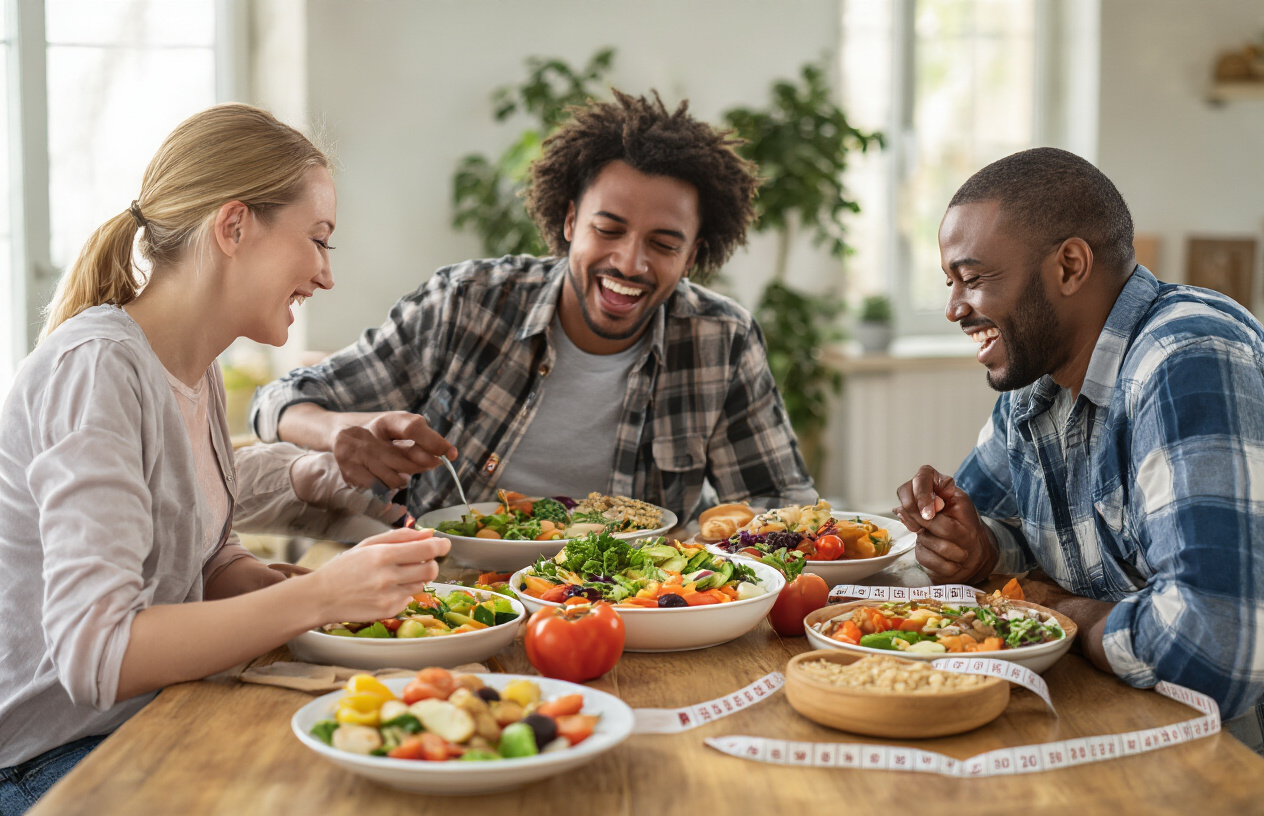 Create a realistic image of a diverse group of people (white female, black male, Asian female) sitting at a table sharing a colorful, balanced meal with vegetables, lean proteins, and whole grains, looking happy and energetic, with a measuring tape loosely draped on the table edge, soft natural lighting suggesting success and sustainable healthy eating habits.