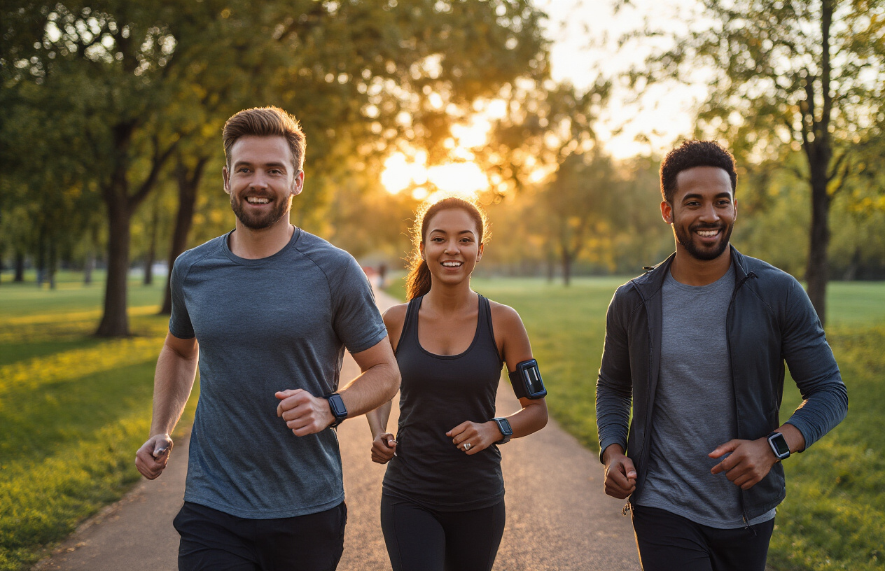 Create a realistic image of a diverse group of people (white male, black female, Asian male) walking together on a path in a park at sunset, looking energetic and satisfied, with fitness trackers visible on their wrists, symbolizing the achievement of their daily step goals.